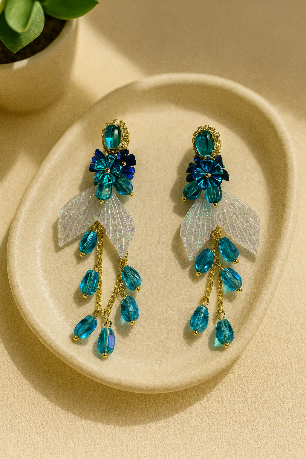 Turkish Blue Crystal Floral Drop Earrings | Fairy Wing Statement Danglers