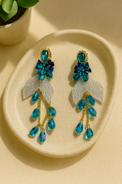 Turkish Blue Crystal Floral Drop Earrings | Fairy Wing Statement Danglers