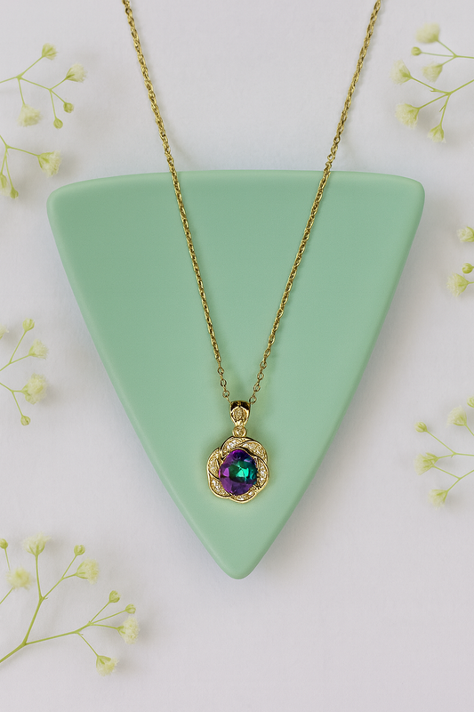 Gold-plated Korean necklace with multicolor gemstone pendant