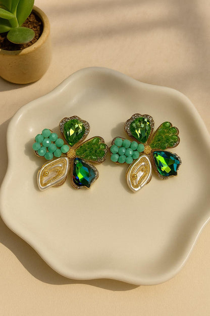Korean floral earrings with green crystals and turquoise beads
