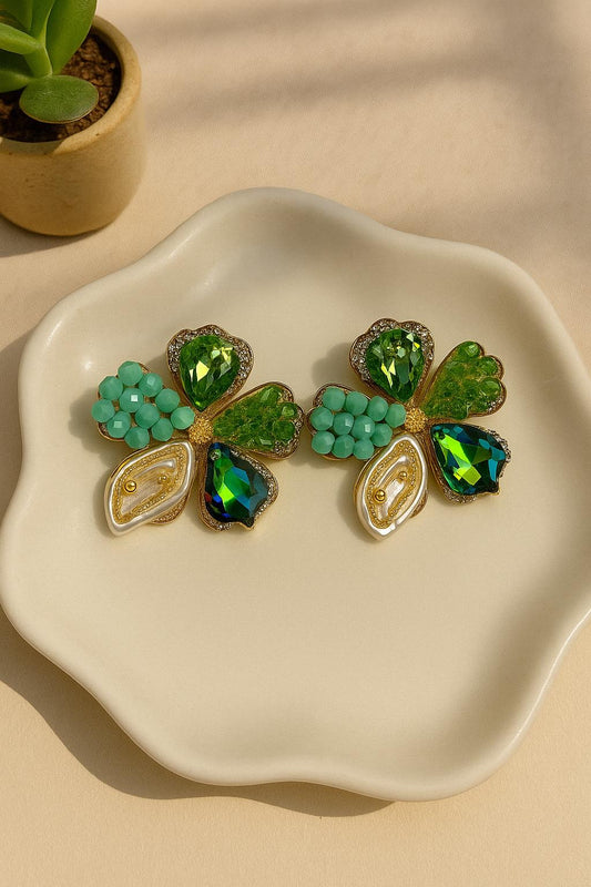 Korean floral earrings with green crystals and turquoise beads
