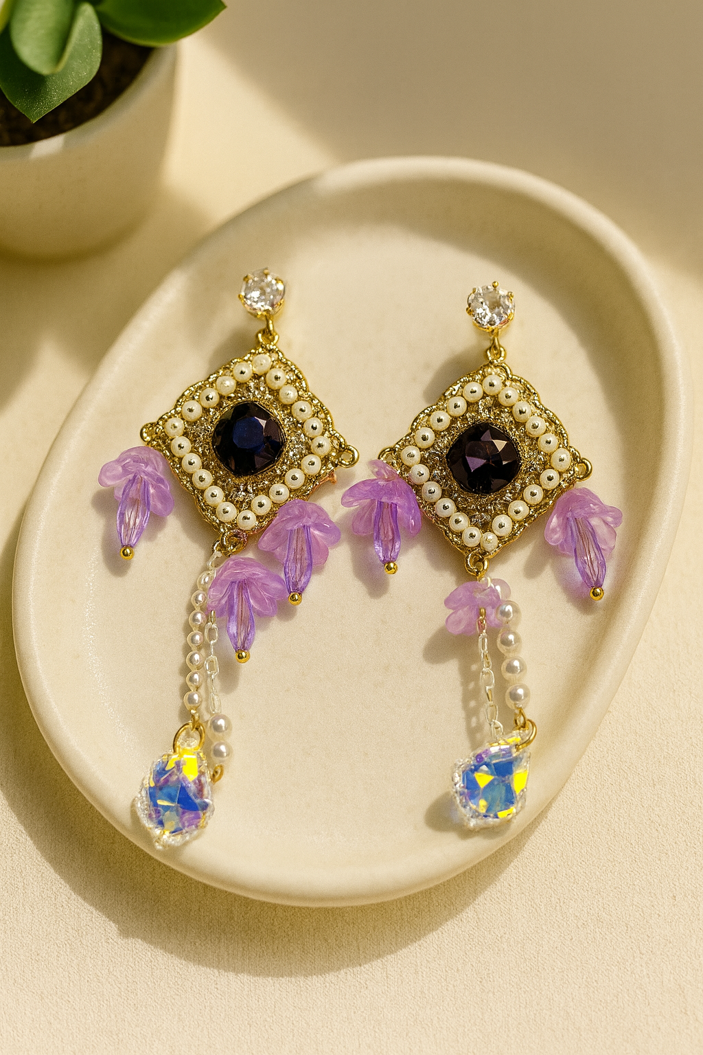 Turkish Purple Floral Pearl Drop Earrings | Statement Crystal Danglers