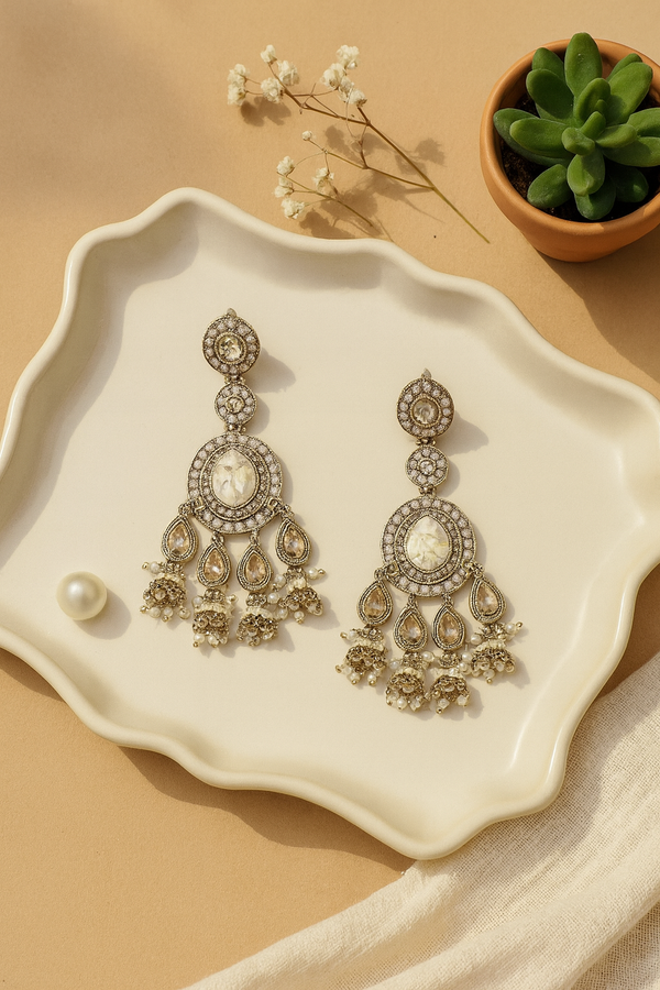 Festive Indian Kundan Earrings | White Chandelier with Pearl Drops