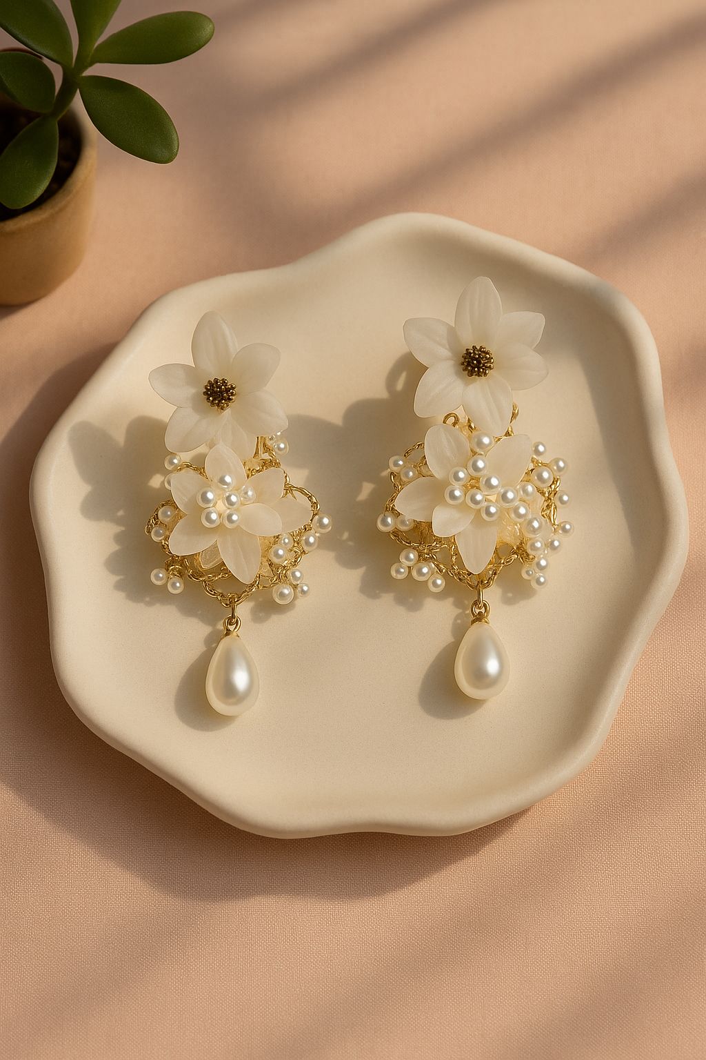 Turkish White Floral Pearl Earrings | Elegant Gold-Plated Statement Danglers