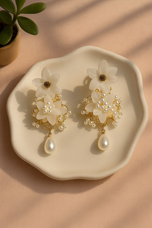 Turkish White Floral Pearl Earrings | Elegant Gold-Plated Statement Danglers