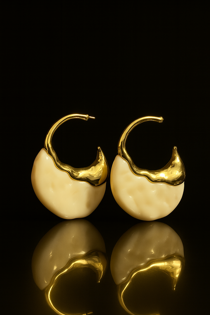 Korean Statement Hoop Earrings | Golden Wave & Ivory Design